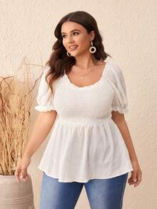 Dreamara 大碼褶邊泡泡袖荷葉邊下擺襯衫 - 白色 - 查看 4