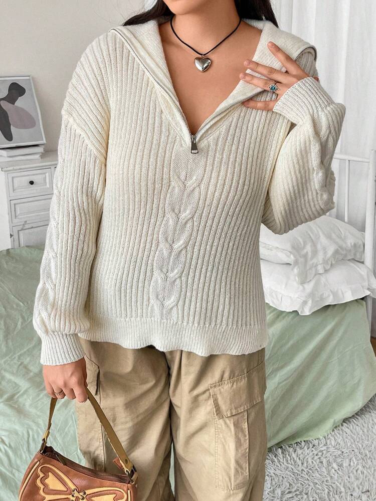 Plus Cable Knit Zip Detail Drop Shoulder Sweater Knit Pullover Fall Winter Sweater