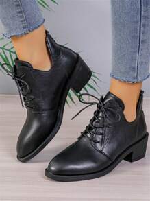 Women's Fashionable Black Pointed Toe Chunky High Heel Ankle Boots - Stylish Soft Exterior, Front Lace-Up, Suitable For Spring And Autumn