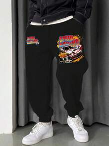 Manfinity EMRG 男士大码汽車和標語圖案腰部抽繩衛褲 - 黑色 - 查看 1