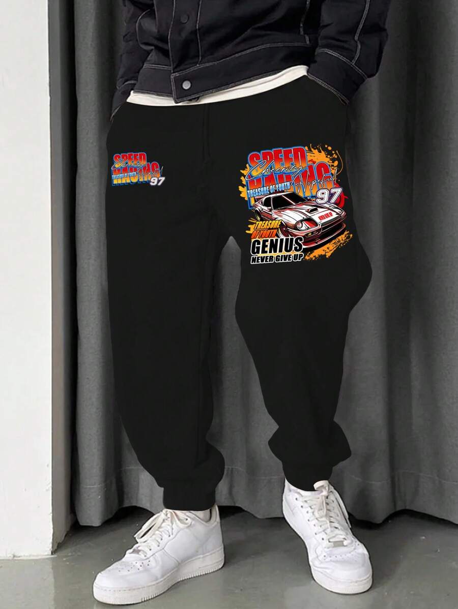 Manfinity EMRG 男士大码汽車和標語圖案腰部抽繩衛褲 - 黑色 - 查看 1