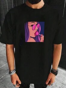 GENTILAND Hombres Camiseta con estampado de figura - Negro - Ver 1