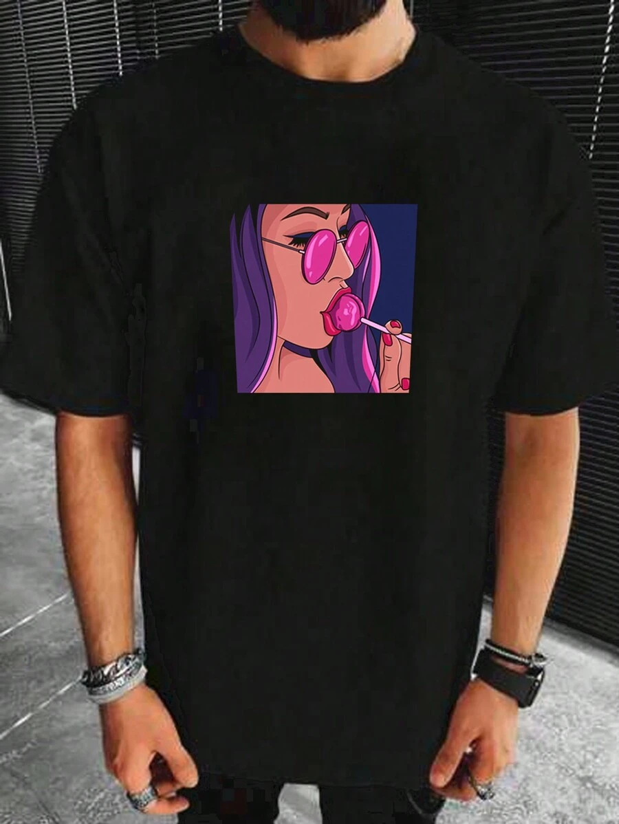 GENTILAND Hombres Camiseta con estampado de figura - Negro - Ver 1