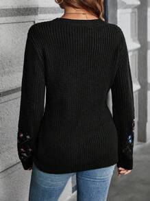 SHEIN Clasi 花卉刺繡落肩袖套頭毛衣 - 黑色 - 查看 2