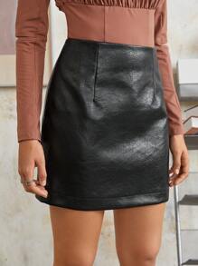 SHEINNeu 下擺開叉PU皮革半身裙 - 黑色 - 查看 5