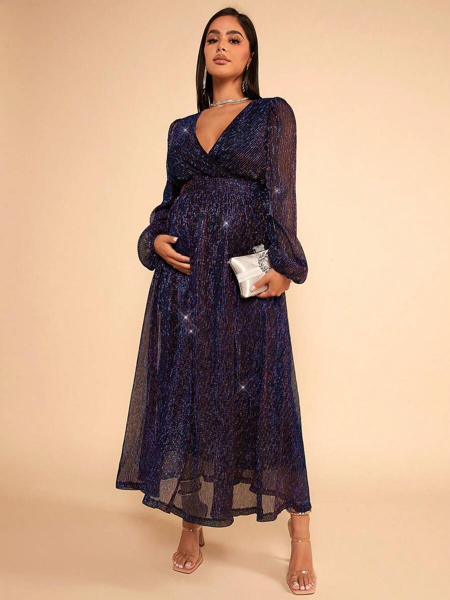 SHEIN Thai sản Cổ Lao Tay áo lồng đèn Váy sequin - Màu tím - Xem 1