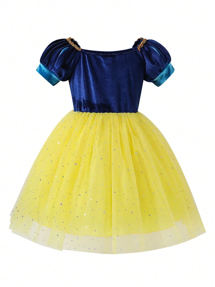 Young Girl Puff Sleeve Sequin Decor Ruched Front Mesh Hem Party Dress