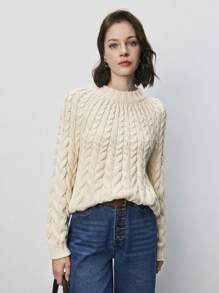 SHEIN Frenchy Solid Cable Knit Raglan Sleeve Sweater Winter Casual - Beige - View 5