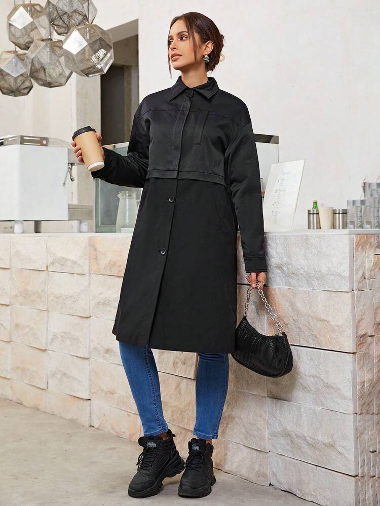 Solid Button Front Belted Coat