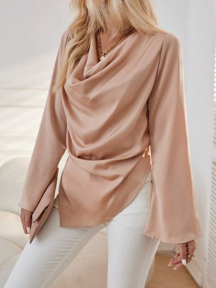 Draped Collar Trumpet Sleeve Satin Blouse Fall Cloth For Women