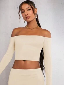SHEIN BAE de hombros descubiertos Top crop & Falda bajo de sirena - Albaricoque - Ver 3