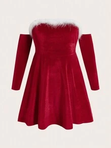 Flirla Plus Fuzzy Trim Off Shoulder Velvet Dress