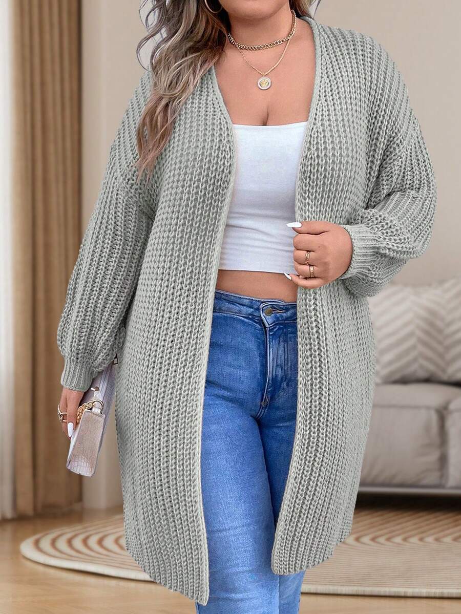 SHEIN LUNE Áo khoác cardigan thả vai cỡ lớn - Xám - Xem 1
