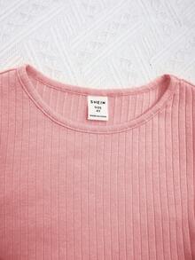 SHEIN 女小童條紋針織交叉圍裹下擺T恤和標語圖案衛褲 - 粉色 - 查看 6