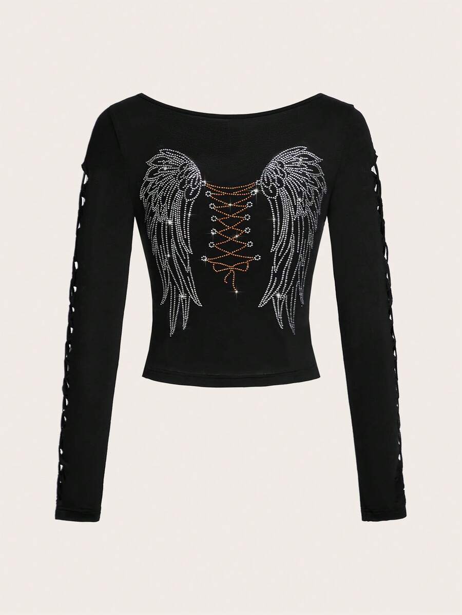 SHEIN ICON Pha lê Cánh Mẫu Áo phông Crop - màu đen - Xem 1