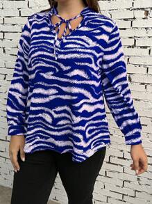 SHEIN Unity Plus Blouse À Rayures Zébrées À Nœud - Bleu marine - Voir 5