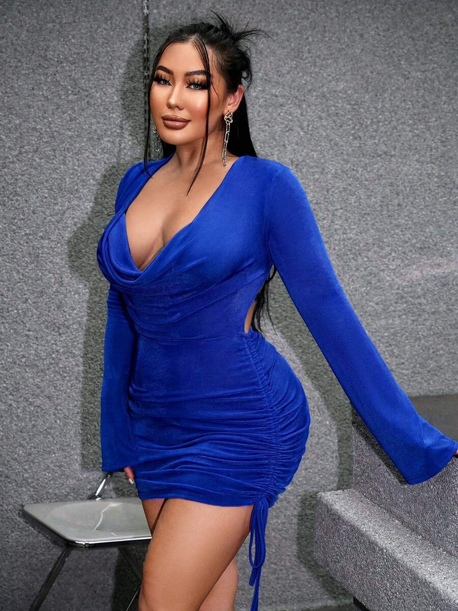 SHEIN SXY Draped Collar Drawstring Side Ruched Side Bodycon Dress - Blue - View 1