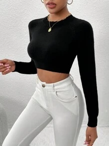 SHEIN LUNE 纯色插肩袖短款针织套头衫，适合秋冬季穿着 - 黑色 - 查看 1