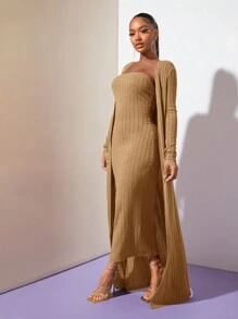 SHEIN SXY Solid Tube Bodycon Dress - Camel - View 5