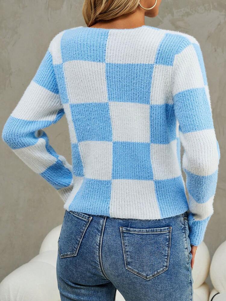 Checker Pattern Button Front Cardigan Fall Cloth For Women