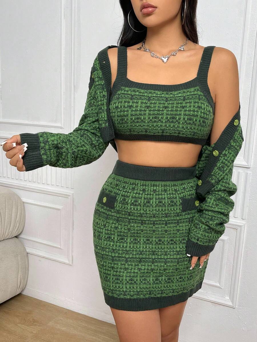 SHEIN Unity Crop Knit Top & Button Front Cardigan & Knit Skirt - Green - View 1