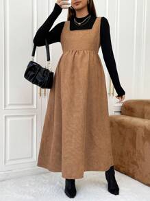 SHEIN Thai sản Áo phông trơn & Đầm Tổng thể - Màu Khaki - Xem 5