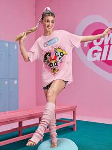 The Powerpuff Girls | ROMWE Cartoon Graphic Drop Shoulder Oversized Tee, School - Pink - View 4