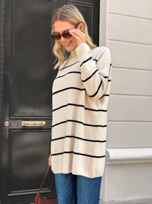 EURMUSE Striped Pattern Drop Shoulder Sweater - Apricot - View 3