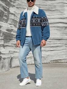 GENTILAND Oversized Men's Plus Size Geometric Print Borg Collar Teddy Lined Jacket - Blue - View 5