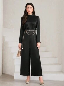 Modelyn Cổ giả quần ống rộng Xa ten Áo liền quần Không có dây chuyền - màu đen - Xem 1