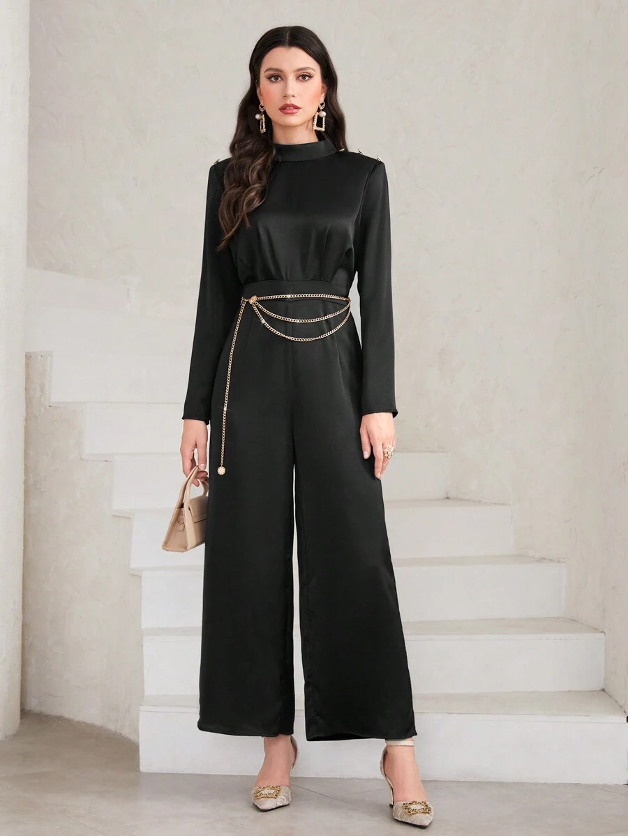 Modelyn Cổ giả quần ống rộng Xa ten Áo liền quần Không có dây chuyền - màu đen - Xem 1