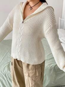 Flirla 加大码麻花针织拉链细节落肩套头毛衣秋冬毛衣 - 杏色 - 查看 4