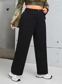 SHEIN ICON Plus High Waist Straight Leg Jeans - Black - View 4