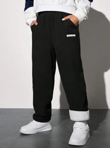 SHEIN Tween Boy Letter Patched Detail Thermal Lined Pants - Black - View 5