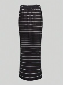 Teen Girl Striped Print Split Hem Skirt - Black - View 1