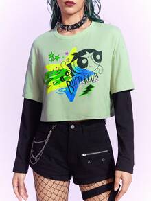 The Powerpuff Girls | ROMWE 2 In 1 Cartoon Graphic Crop Tee - Multicolor - View 2