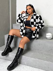SHEIN Coolane 大碼棋盤格圖案落肩袖絨毛外套 - 黑與白 - 查看 6