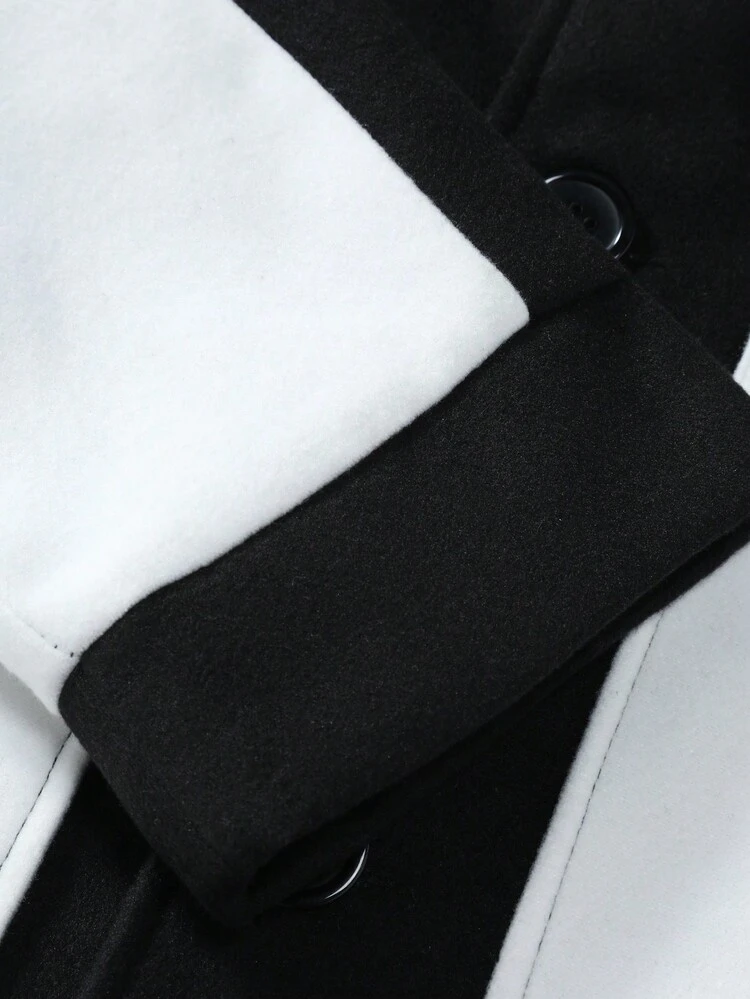 Loose Fit Men's Two-Tone Overcoat Without Sweater, With Flap Pockets
