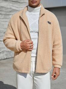 Manfinity VCAY Loose Men's Plus Size Teddy Jacket With Letter Patchwork And Drop Shoulder Design, For Fall Winter - Apricot - View 1