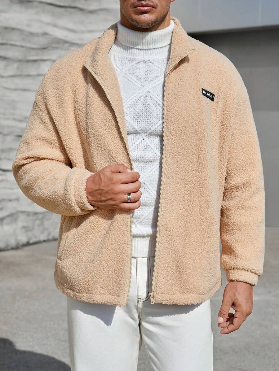 Manfinity VCAY Loose Men's Plus Size Teddy Jacket With Letter Patchwork And Drop Shoulder Design, For Fall Winter - Apricot - View 1