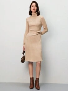 SHEIN Frenchy Mock Neck Ribbed Knit Sweater Dress Winter Brown Casual - Khaki - View 3