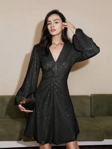 Lantern Sleeve Ruched Sequin Dress - Black - View 6
