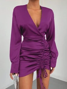 EURMUSE Surplice Neck Drawstring Front Ruched Dress - Purple - View 4