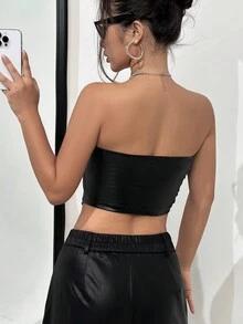 SHEIN Unity Solid PU Leather Tube Top - Black - View 2