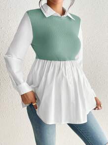 SHEIN Maternity Two Tone 2 In 1 Peplum Blouse - Blue - View 1