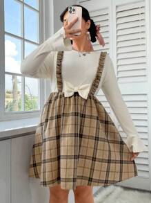 SHEIN EZwear 女性大碼格紋荷葉邊帶洋裝 - 卡其色 - 查看 8