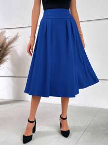 SHEIN MOD High Waist Button Detail Flare Skirt - Royal Blue - View 4
