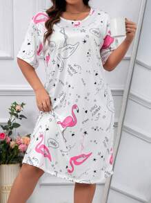 Plus Flamingo Print Pajama Nightdress - White - View 1