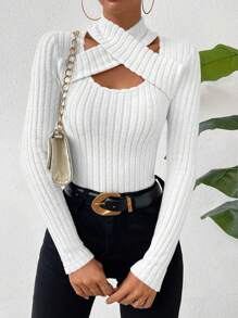 SHEIN Essnce Criss Cross Cut Out Front Tee - White - View 3