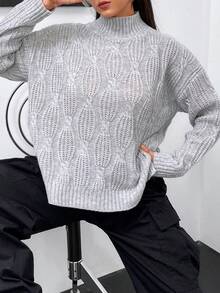 Flirla 大碼小高領落肩袖下擺開叉套頭毛衣 - 灰色 - 查看 4